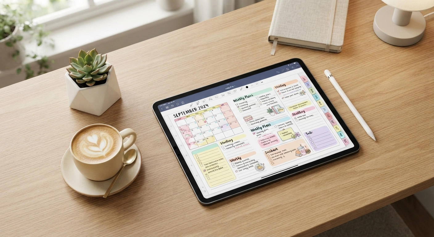 A high-quality, aesthetic flat lay photo of a wooden desk. On the desk, there is an iPad Pro displaying a beautifully designed digital planner with pastel tabs. Next to the iPad is an Apple Pencil, a cup of steaming latte with latte art, and a small potted succulent. The lighting is soft, natural morning light. The image visually represents the concept of how to make digital planners to sell.