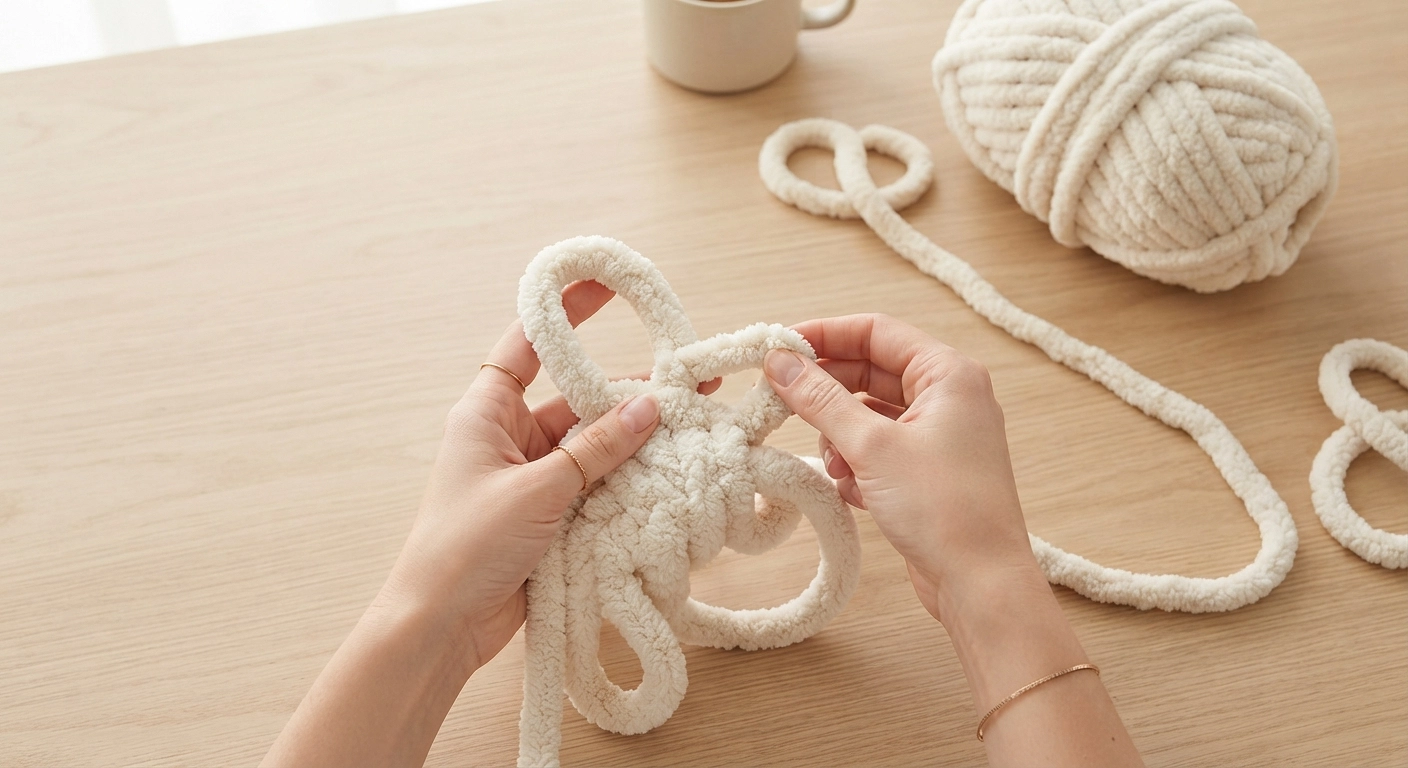 A high-quality, bright, aesthetic overhead shot demonstrating how to make a chunky knit blanket. A pair of hands is forming a thick loop with plush cream-colored chenille yarn on a light wooden table. The lighting is soft and natural, emphasizing the cozy texture of the yarn.