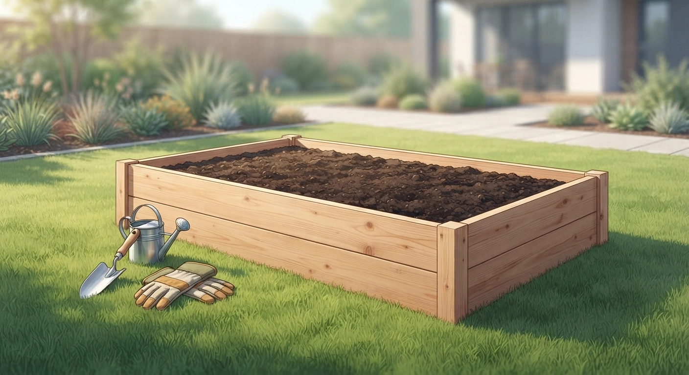 A high-quality, bright outdoor photo of a freshly built DIY raised garden bed made of raw cedar wood, sitting on a green lawn, filled with rich dark soil and surrounded by gardening tools like a trowel and gloves.