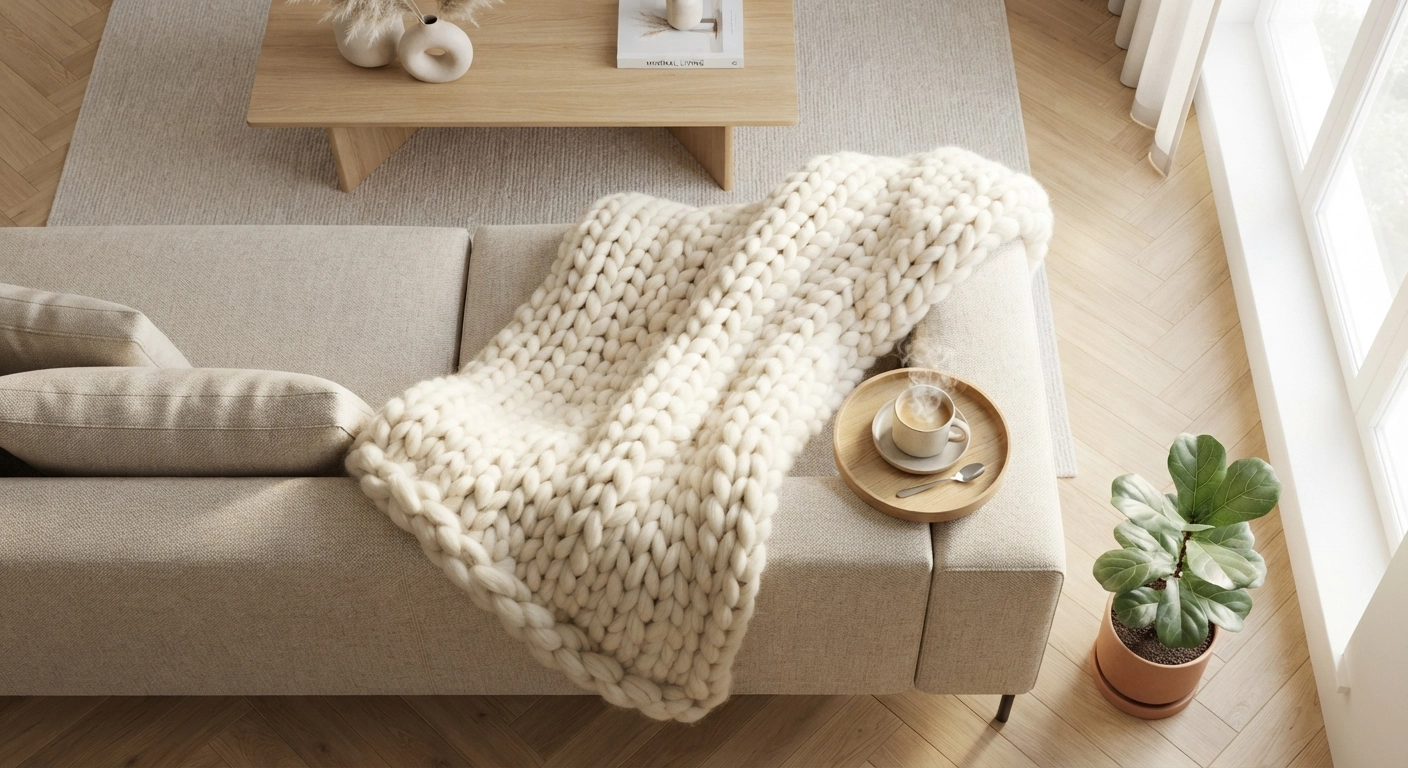 A high-quality, bright, overhead lifestyle photograph of a cozy living room. On a modern beige sofa, there is a massive, fluffy, cream-colored arm knitting chunky blanket. A cup of steaming coffee rests on a wooden tray nearby. Soft natural sunlight illuminates the room, highlighting the thick yarn texture.