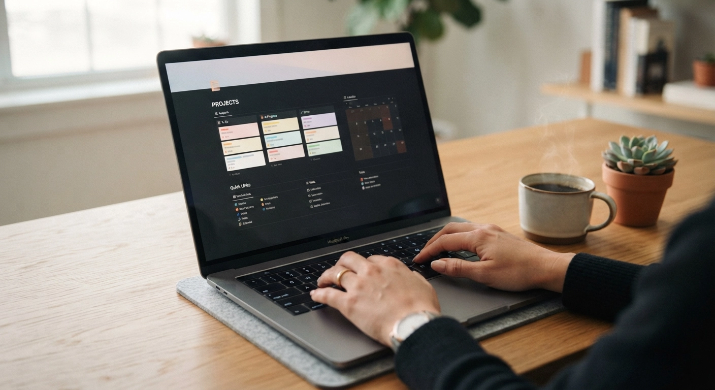 A high-quality, cinematic shot of a person's hands typing on a sleek silver laptop. The screen displays a beautifully organized Notion dashboard with a dark mode aesthetic, featuring a Kanban board, a calendar, and minimalist icons. A steaming cup of coffee and a small potted succulent sit on the wooden desk.