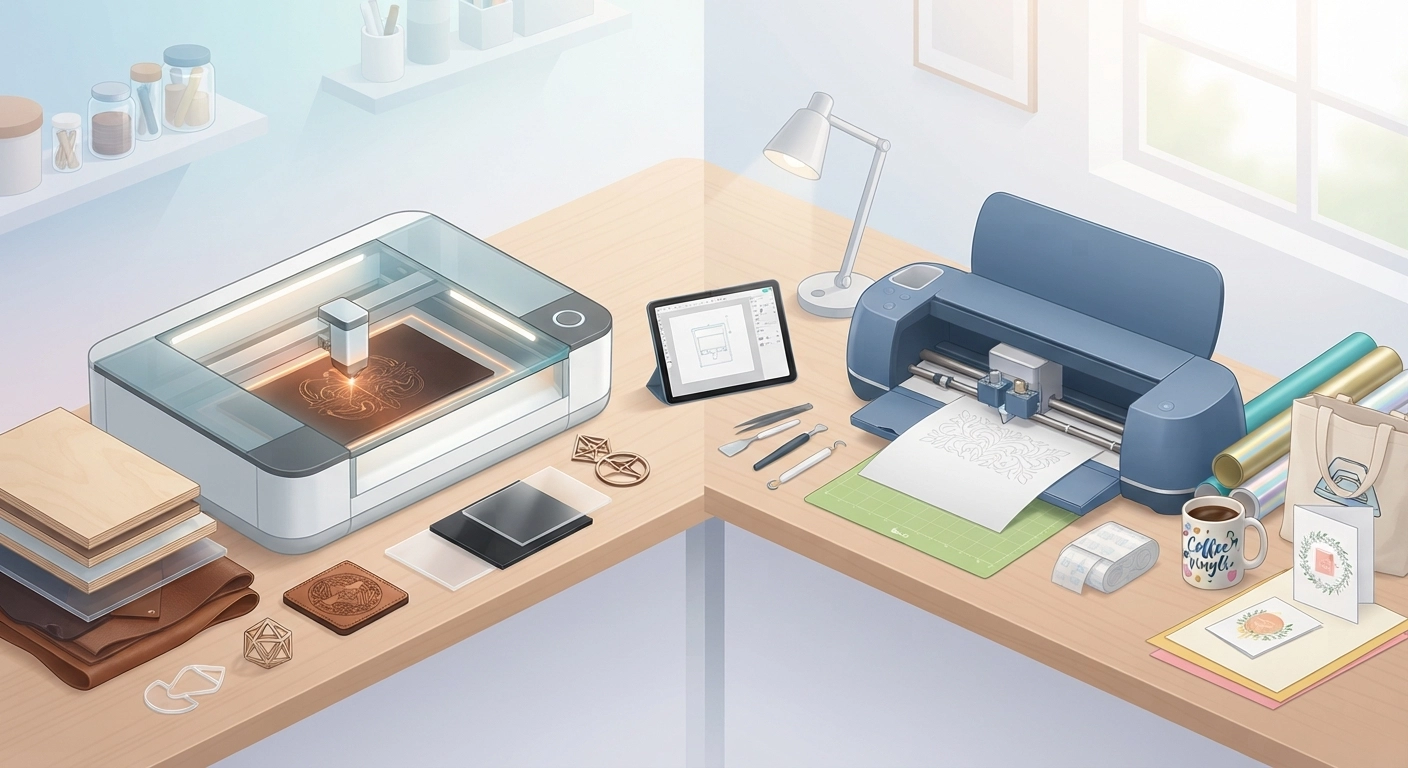 A high-quality, professional photography showing a side-by-side conceptual comparison of a sleek glowforge vs cricut setup on a modern wooden craft desk, surrounded by leather, acrylic, and vinyl materials.