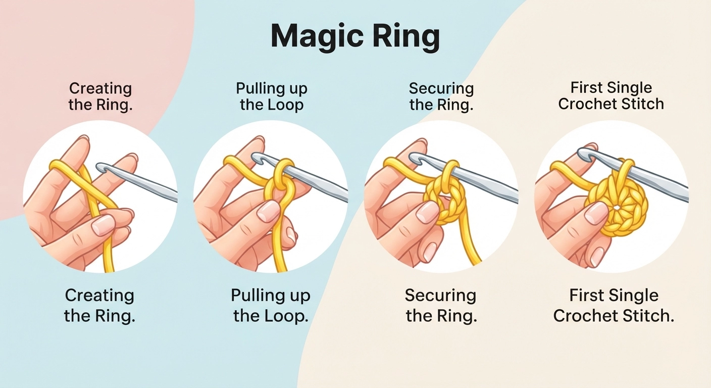 A highly detailed, step-by-step visual graphic showing the 'Magic Ring' crochet technique. The image features thick, brightly colored yellow yarn and a silver crochet hook. It shows the yarn wrapping around two fingers, the hook pulling up a loop, and the first single crochet stitch being made. Soft pastel background, educational and clear style.