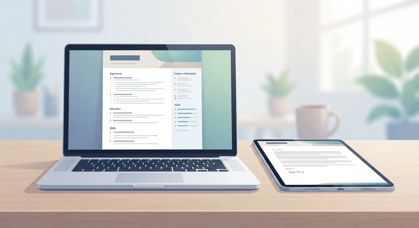 A laptop screen displaying a modern, minimalist ATS-friendly resume template with a digital tablet beside it showing a color-coordinated matching cover letter.