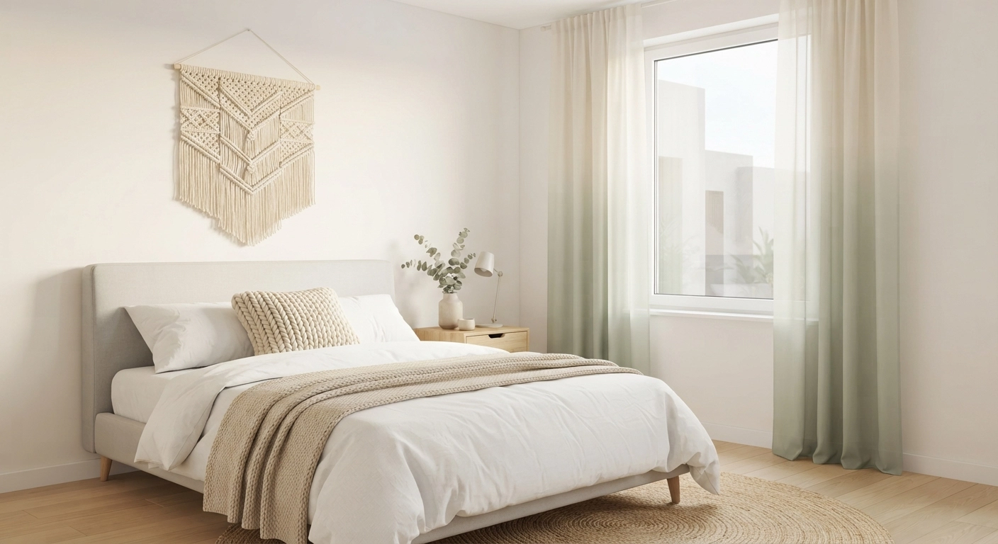 A minimalist bedroom with a macramé wall hanging above the bed, a neutral knitted pillow on the bed, and softly dip-dyed sheer curtains framing a window.