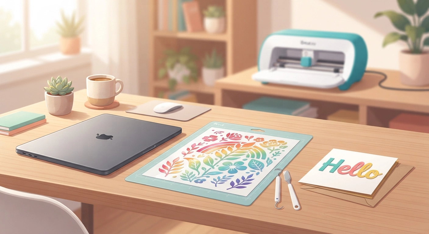 A modern home office desk setup with a closed laptop, a weeded sheet of rainbow adhesive vinyl, a colorful "Hello" greeting card made with cardstock, a Cricut Joy machine in the background slightly out of focus, and warm natural lighting.