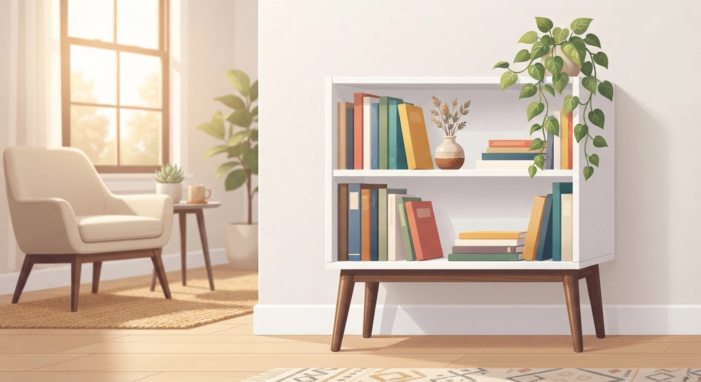 A modern living room corner featuring a white IKEA BILLY bookcase that has been upgraded with 8-inch tapered walnut legs, styled with colorful books, a small ceramic vase, and a trailing plant. The new legs create visible space beneath the bookcase, making the room feel airier. Warm afternoon light streams through a nearby window.