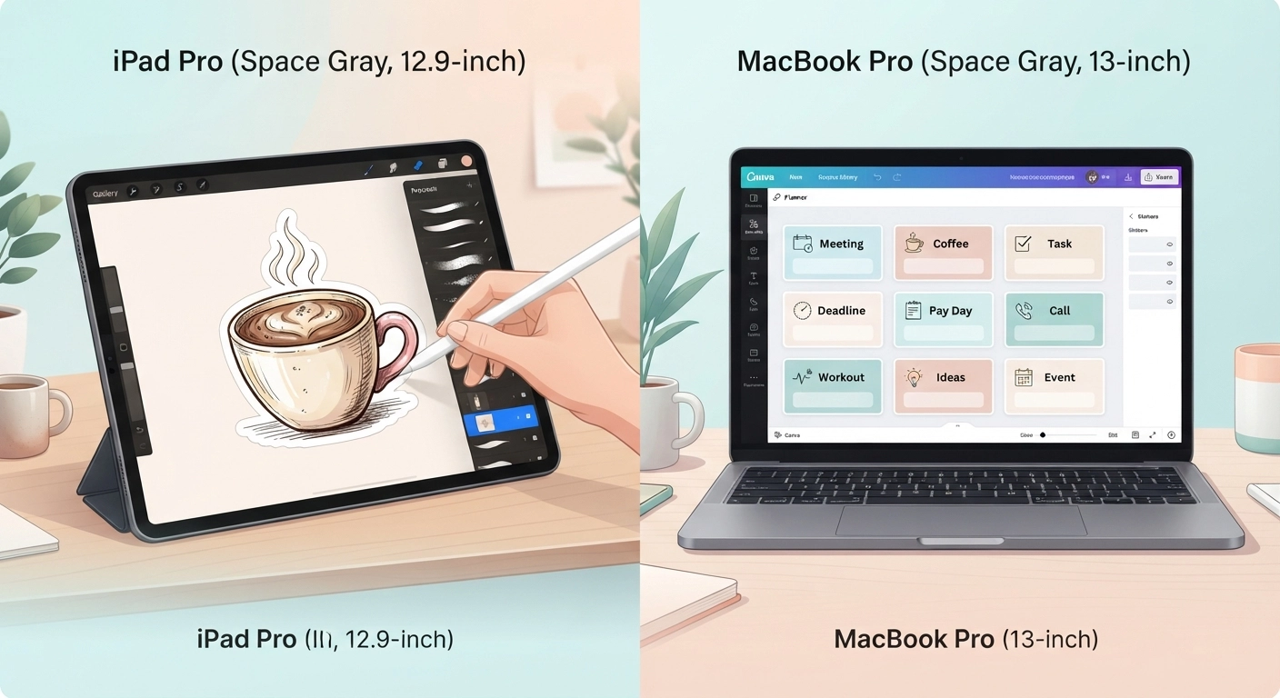 A neat, highly detailed comparison graphic. On the left side, an iPad Pro is shown running the Procreate app with a hand-drawn illustration of a coffee cup sticker. On the right side, a MacBook Pro is shown running Canva, displaying a grid of minimalist, text-based planner stickers like 'Meeting' and 'Pay Day'. The overall aesthetic is clean, modern, and pastel-toned.