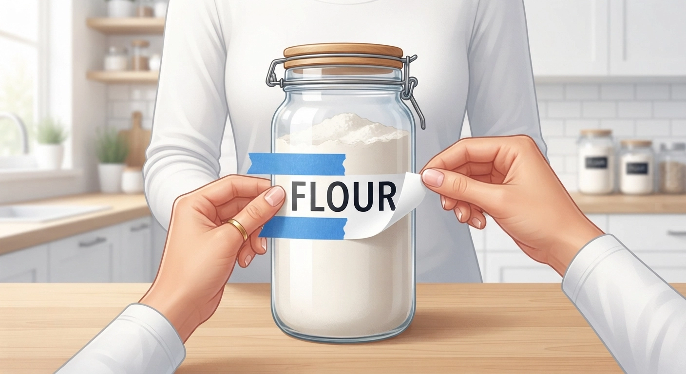 A pair of hands demonstrating the hinge method on a tall glass flour jar. A strip of blue painter's tape is stretched across the middle of a Cricut pantry label reading "Flour" in black vinyl. One side is lifted, revealing the vinyl backing being peeled away. Clean, bright, modern kitchen background.