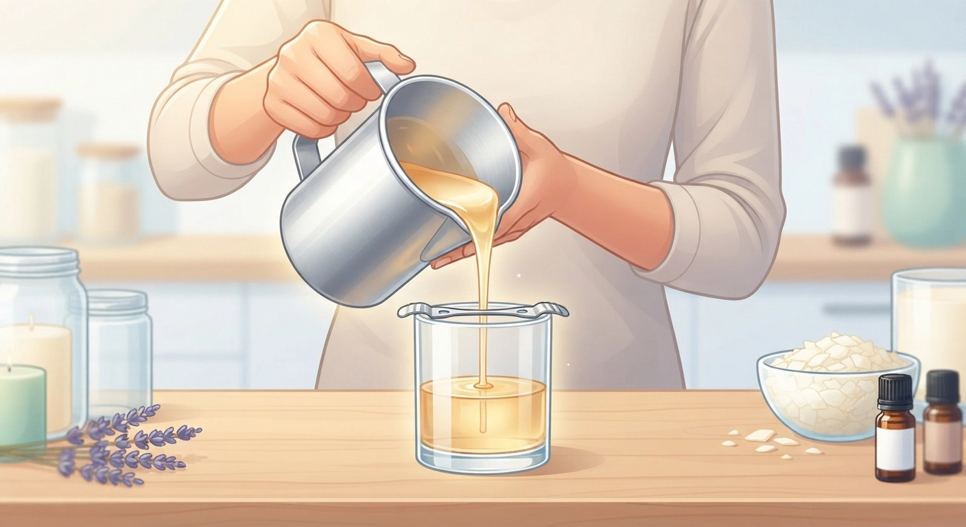 A person carefully pouring liquid melted wax from an aluminum pitcher into a clear glass jar with a pre-set cotton wick. The focus is on the pouring process of how to make easy scented candles, highlighting the smooth texture of the wax.