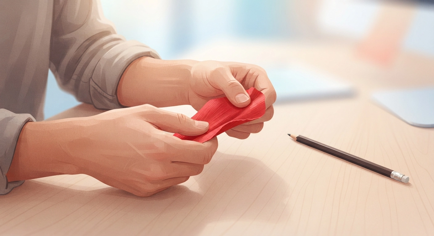 A person's hands stretching a rectangle of red crepe paper into a curved rose petal shape, with a pencil lying nearby. Close-up, shallow depth of field.