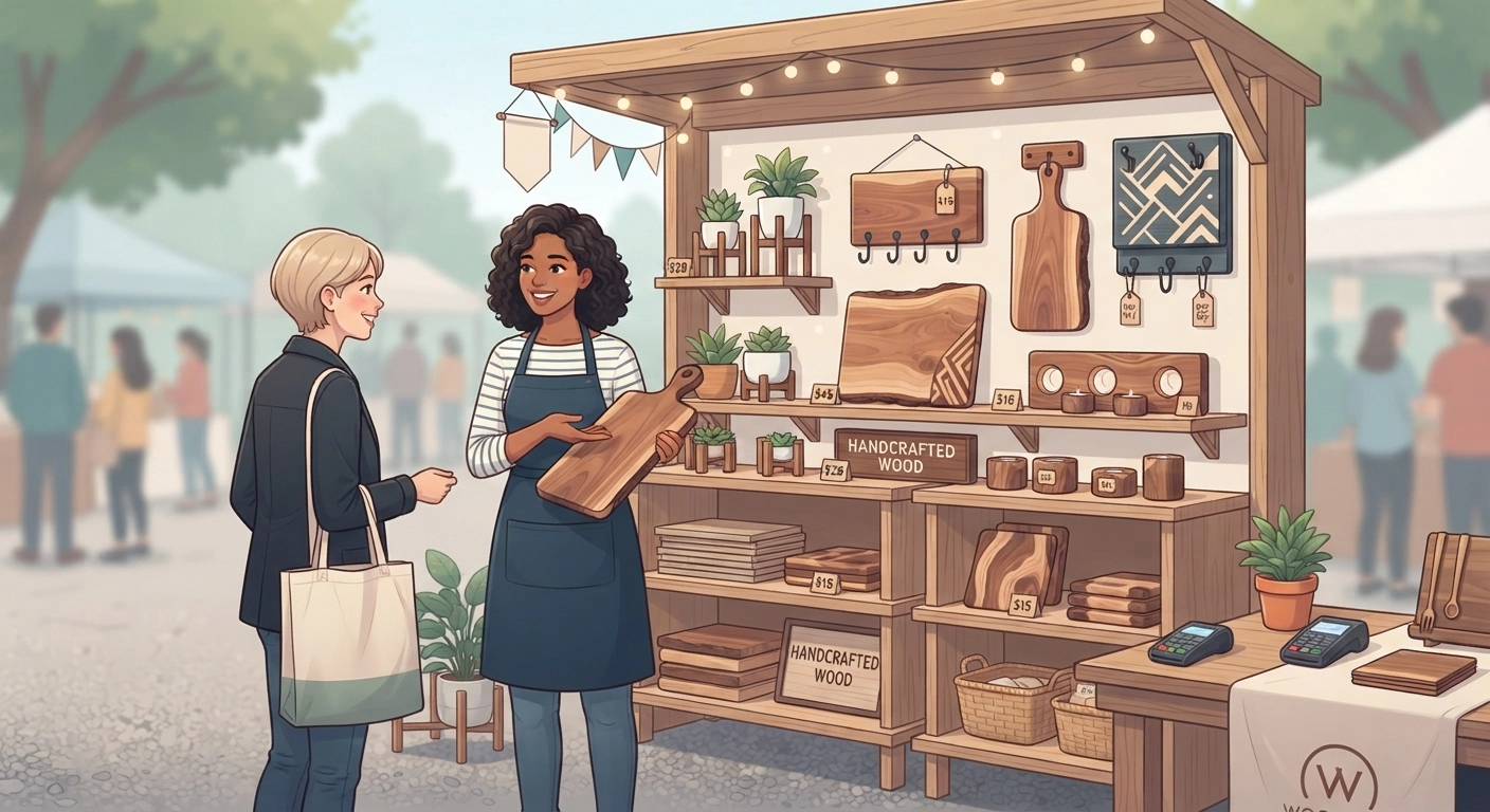 A rustic craft fair booth display showing various woodworking projects that sell arranged on shelves: plant stands, cutting boards, key holders, and tea light holders, with price tags visible and a smiling maker interacting with a customer.