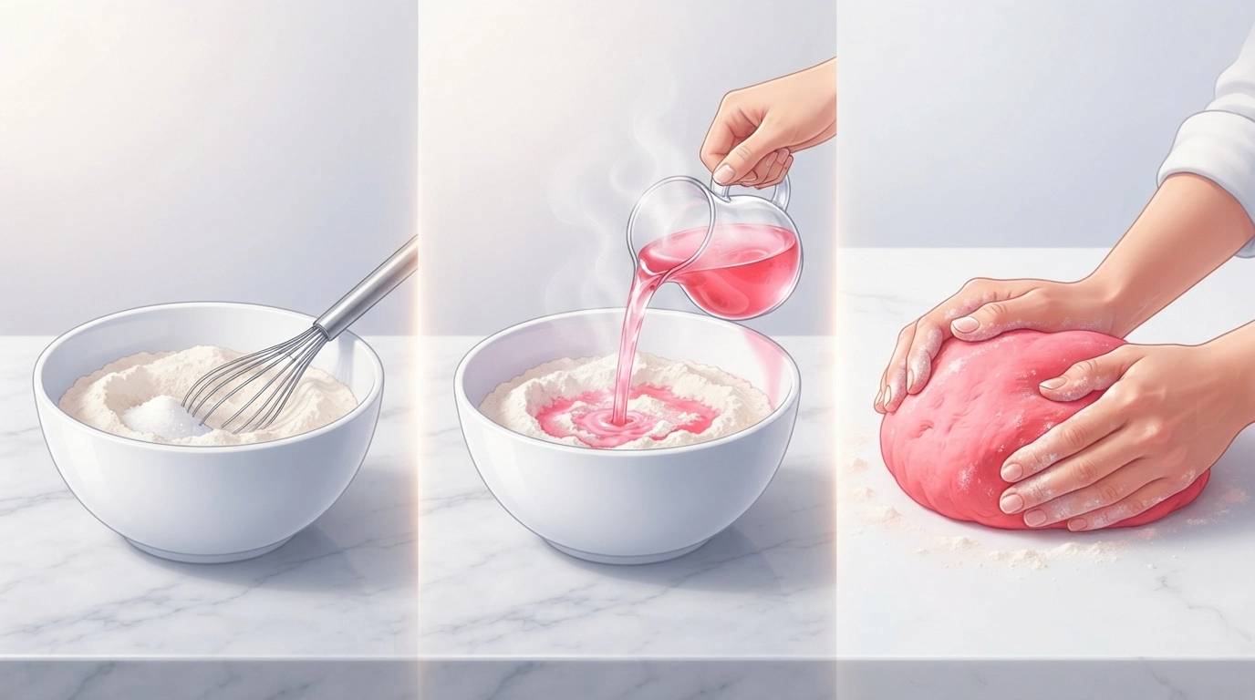 A sequence of three images merged into one horizontal infographic. Left: Dry ingredients mixed in a bowl. Middle: Pouring boiling water and colored liquid into the bowl. Right: Two hands kneading the warm, brightly colored pink dough on a clean white countertop.
