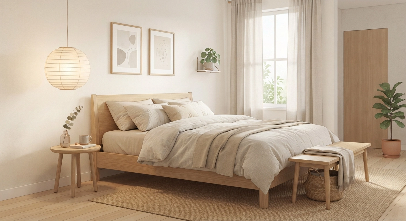 A serene Japandi-style bedroom highlighting an easy diy room decor aesthetic, featuring a low-profile wooden bed frame, a handmade shoji-style paper lantern, and neutral linen bedding bathed in soft morning light.