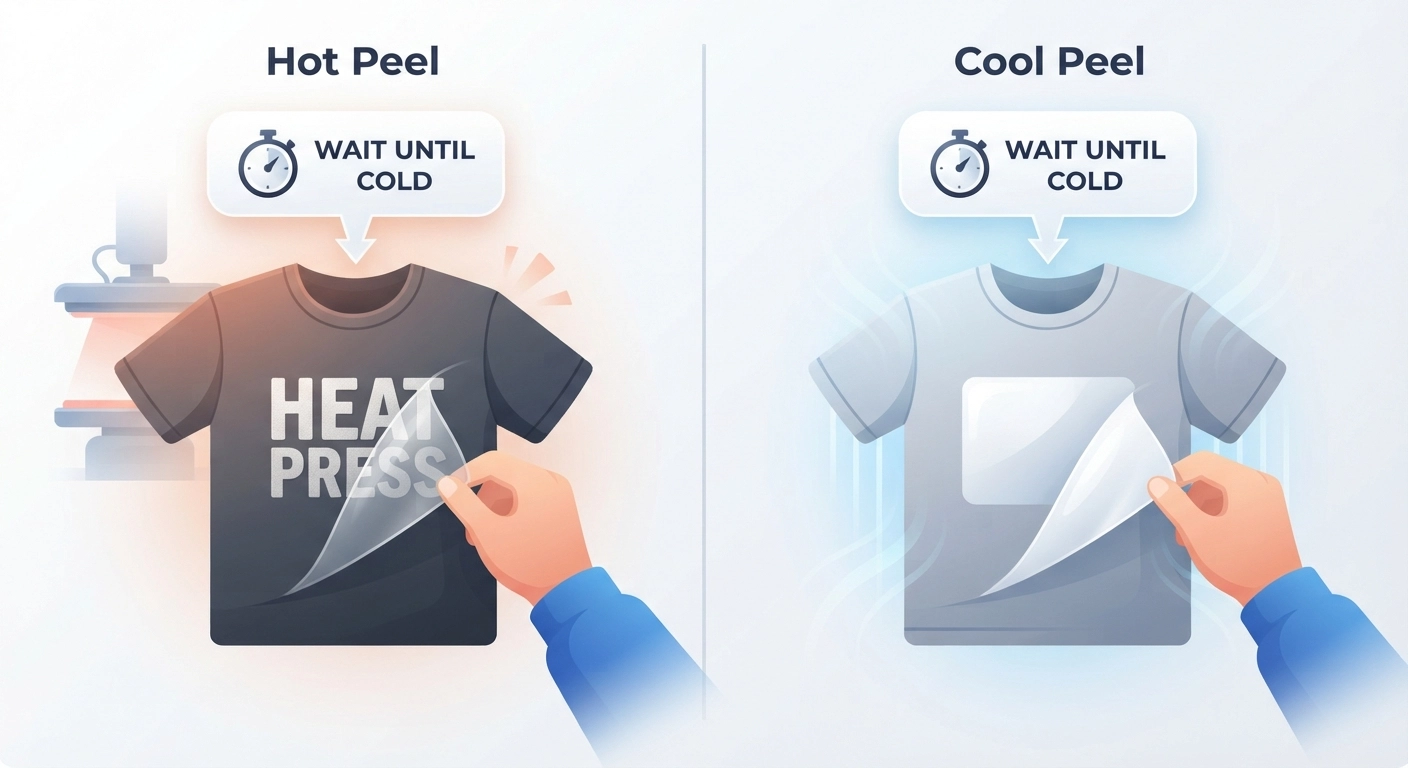 A side-by-side comparison infographic showing "Hot Peel" on the left (a hand peeling off a carrier sheet immediately and leaving a textured, slightly matte surface) versus "Cool Peel" on the right (a hand peeling a sheet off a cold shirt, revealing a high-gloss, smooth finish). Callout labels saying "Wait until cold" with a stopwatch icon.