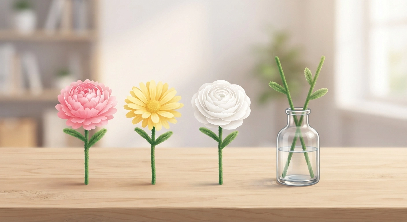 A side-by-side comparison of a wooden table showing three completed tissue paper flowers in pink, yellow, and white, each with a pipe cleaner stem, next to a small glass vase. Soft bokeh background.