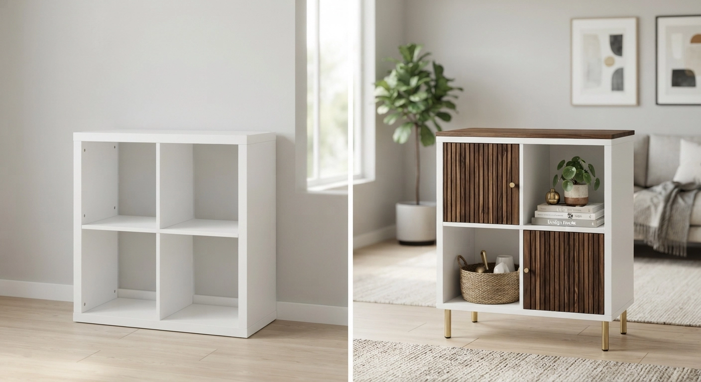 A side-by-side comparison photo: on the left, a standard white IKEA KALLAX shelf unit with no modifications; on the right, the same unit transformed with fluted door inserts, brass legs, and a walnut-stained top, styled with books and a small plant. The background is a bright, modern living room with natural light coming from a window. Shot with a 50mm lens, shallow depth of field focusing on the transformed unit.