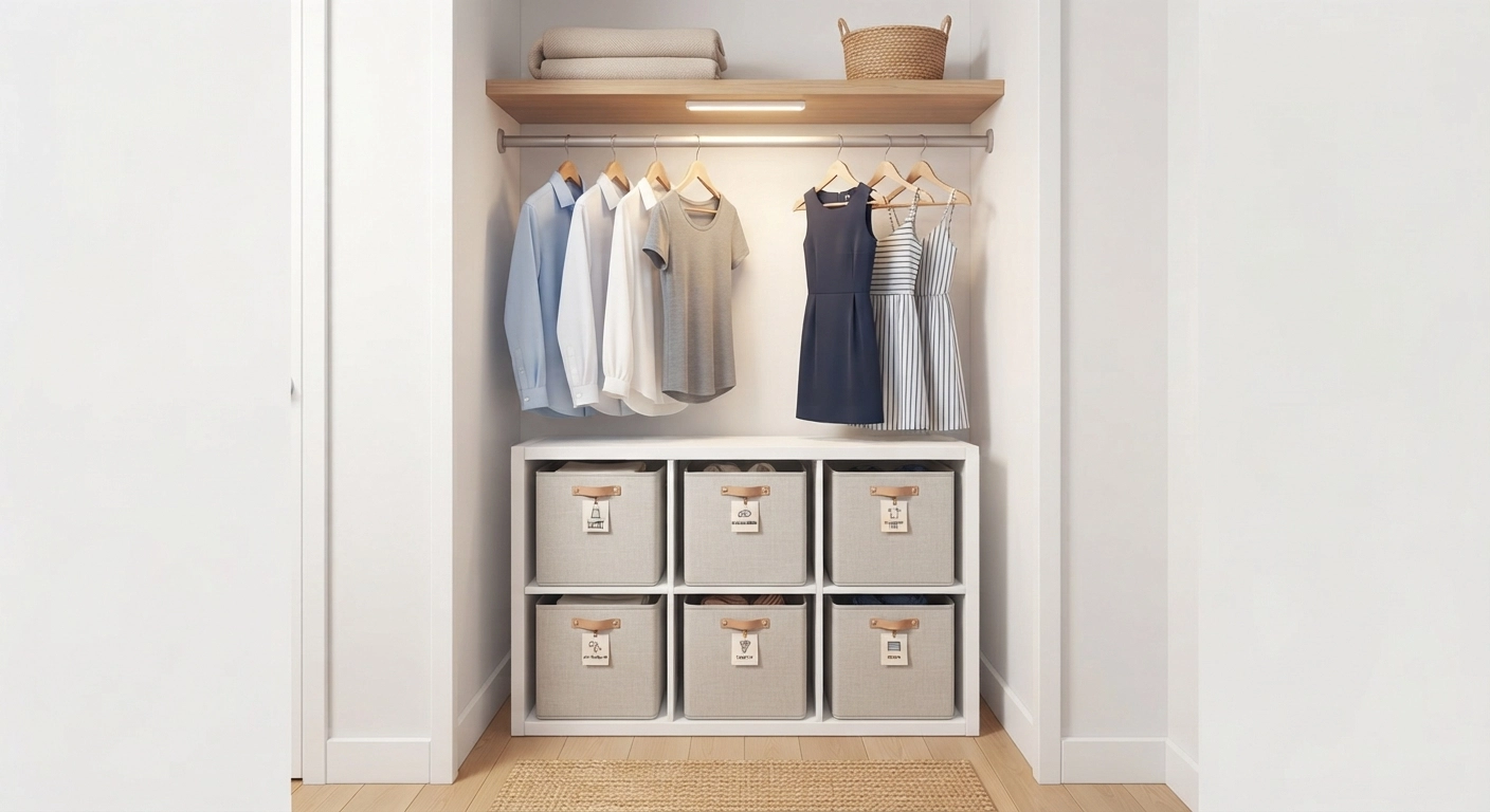 A small closet with 13-inch cube shelving units arranged at the bottom, filled with labeled fabric storage bins in neutral colors. Above the cubes, shirts and dresses hang on a rod. The closet is painted white, with a small LED light strip mounted under the shelf. Clean, organized, Pinterest-worthy home organization photography.