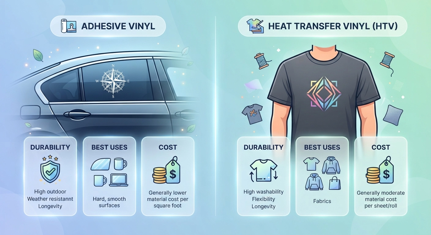 A split comparison chart of adhesive vinyl vs. heat transfer vinyl, showing sample decals on a car window and a t-shirt, with labels for durability, best uses, and cost.