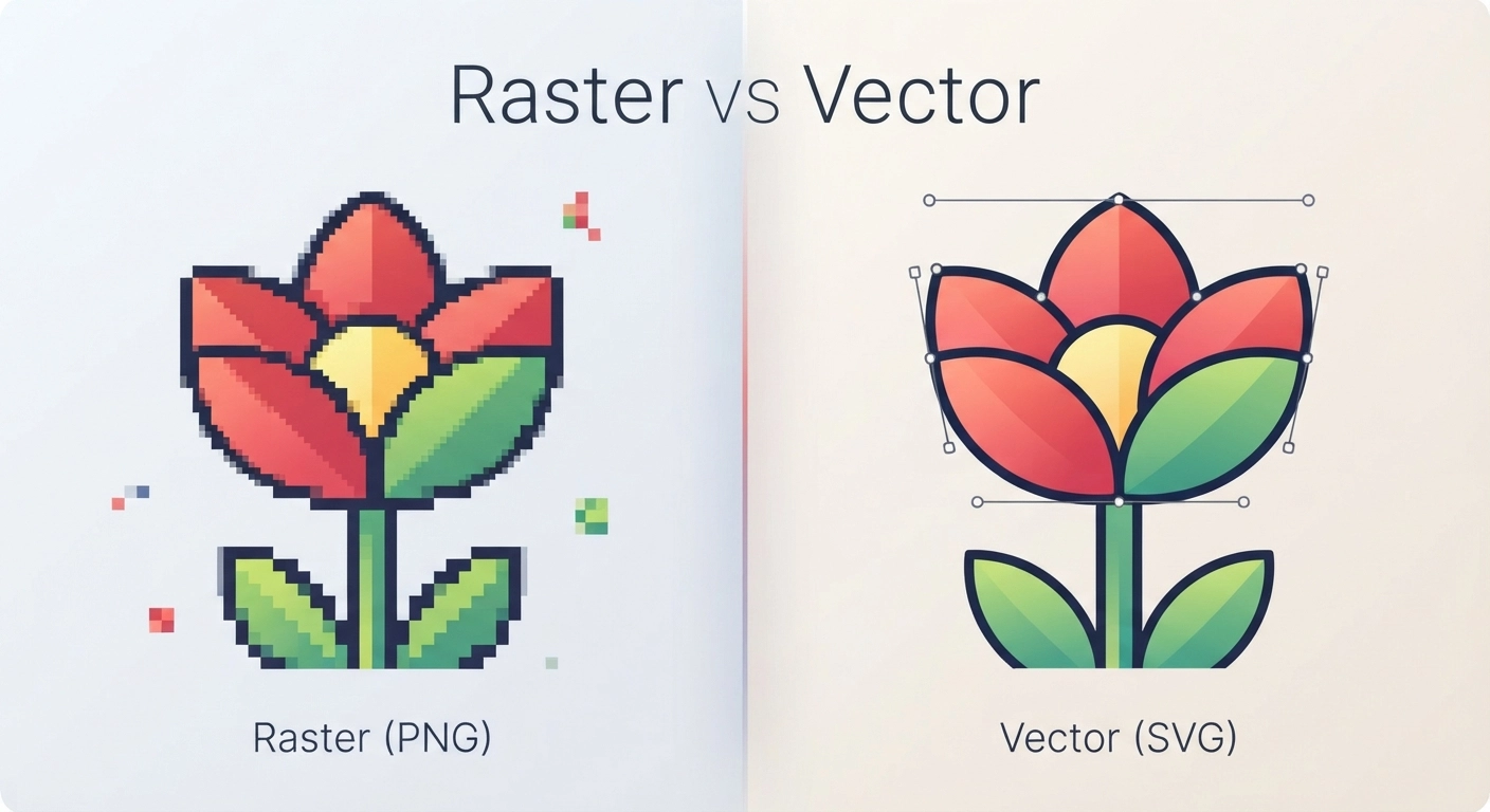 A split-screen comparison infographic. On the left, a pixelated raster image (PNG) of a simple flower zoomed in to show jagged square pixels. On the right, a smooth, crisp vector graphic (SVG) of the same flower zoomed in, showing clean mathematical lines and anchor points. The words 'Raster vs Vector' are subtly integrated into the design.