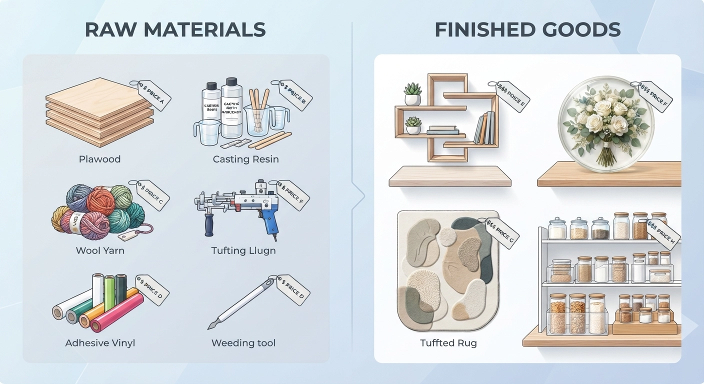 A split-screen comparison showing the raw material costs on one side (plywood sheets, resin bottles, yarn skeins, vinyl rolls) with small dollar amounts, and the finished high-end products on the other side (geometric shelves, preserved wedding bouquet resin tray, tufted abstract rug, personalized pantry organization kit) with premium price tags. Educational infographic style.