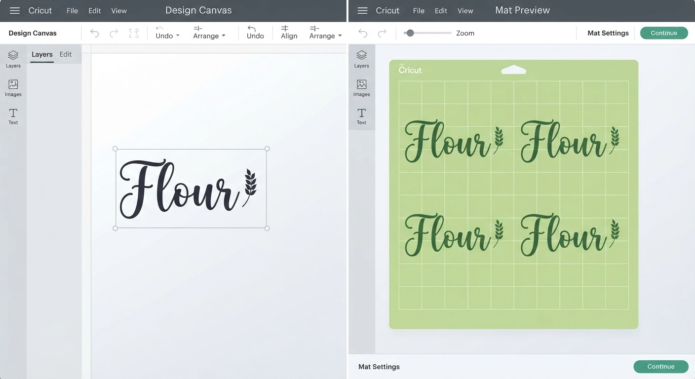 A split-screen digital design interface. Left side: Cricut Design Space canvas showing a pantry label design with the word "Flour" in elegant script font, a tiny wheat icon beside it, and guide rectangle behind them. Right side: the same canvas in mat preview layout with four labels arranged neatly on the grid, color-coded in green. Bright, modern, instructional style.