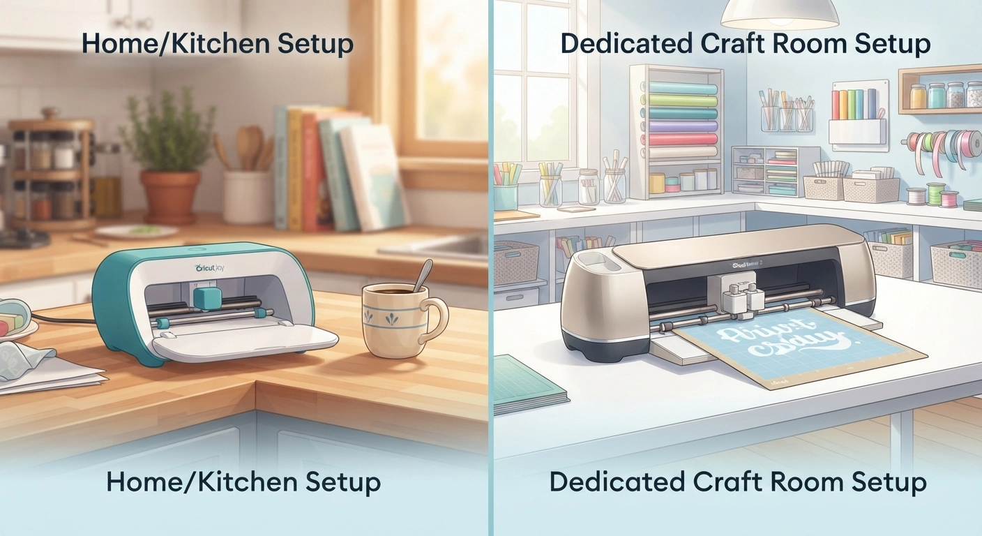 A split-screen photo comparison. On the left, a Cricut Joy machine sitting neatly on a corner of a cluttered, busy kitchen desk next to a coffee mug. On the right, a Cricut Maker 3 sitting on a dedicated large craft table in a bright craft room, with a mat actively feeding out the back.