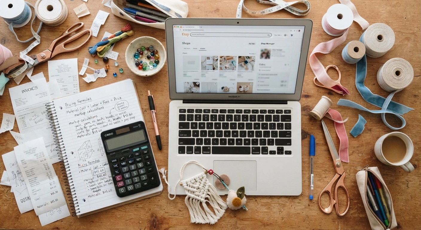 A top-down flat lay view of a messy but aesthetic crafter's desk. There are receipts, a calculator, a notebook with handwritten pricing formulas, scattered crafting materials like ribbons and scissors, and a laptop showing an Etsy shop page. Warm, inviting lighting, highly detailed, realistic photography style.