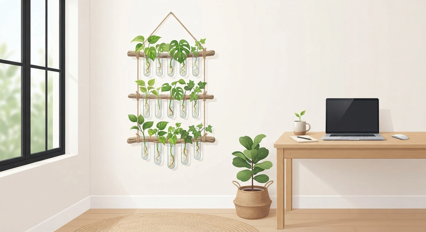 A vertical propagation wall made of driftwood and glass test tubes with plant cuttings in water, hanging against a white wall next to a minimalist desk.