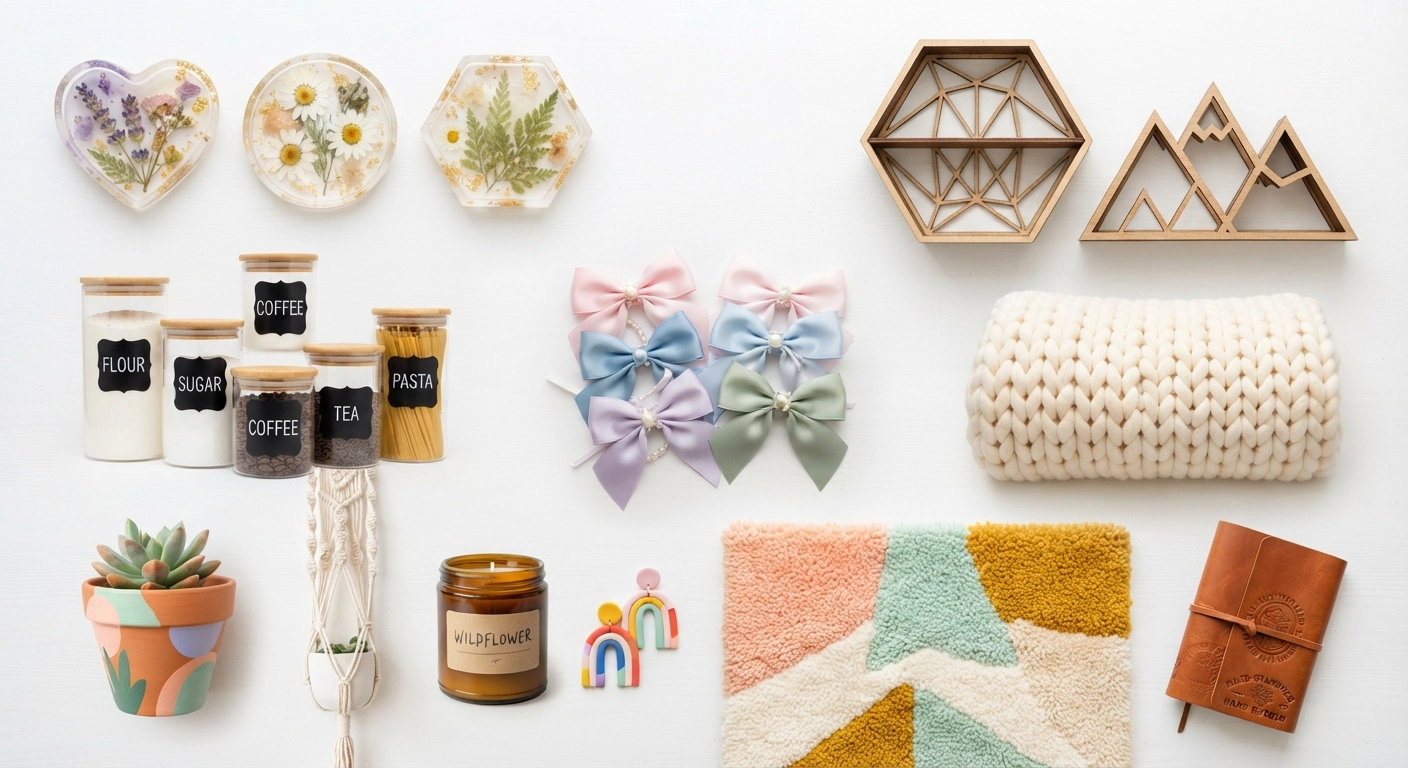 A vibrant flat-lay photograph of the top 10 most profitable craft niches for 2026, including resin keepsake dishes with dried flowers, laser-cut wooden geometric shelves, tufted rug samples in pastel colors, chunky knit blankets, Cricut vinyl labels on pantry jars, and coquette satin hair bows. Professional lighting, clean white background, lifestyle aesthetic.