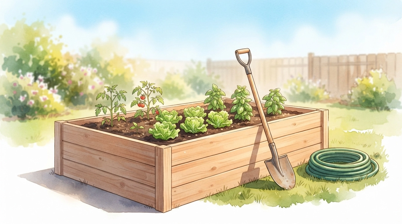 A vibrant, sunny backyard scene showing a freshly built rectangular **diy raised garden bed easy** made of untreated cedar planks, filled with dark rich soil and healthy vegetable seedlings (tomatoes, lettuce, basil). A wood-handle shovel leans against the side, and a coiled garden hose lies nearby. Watercolor‑style digital illustration with warm, inviting colors, perfect for a DIY blog header. Overlay text: “Easy Raised Bed under $50”.