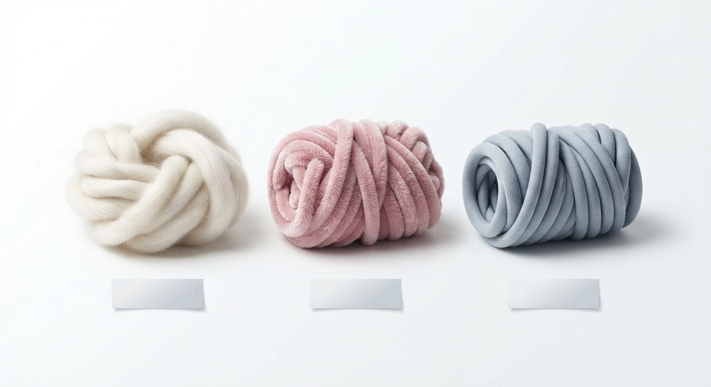 A visual comparison of three different chunky yarns laid side by side on a white background: fluffy unspun merino wool, soft velvety chenille yarn, and smooth cotton tube yarn. Each has a small label next to it. Bright, clear, educational style photography.