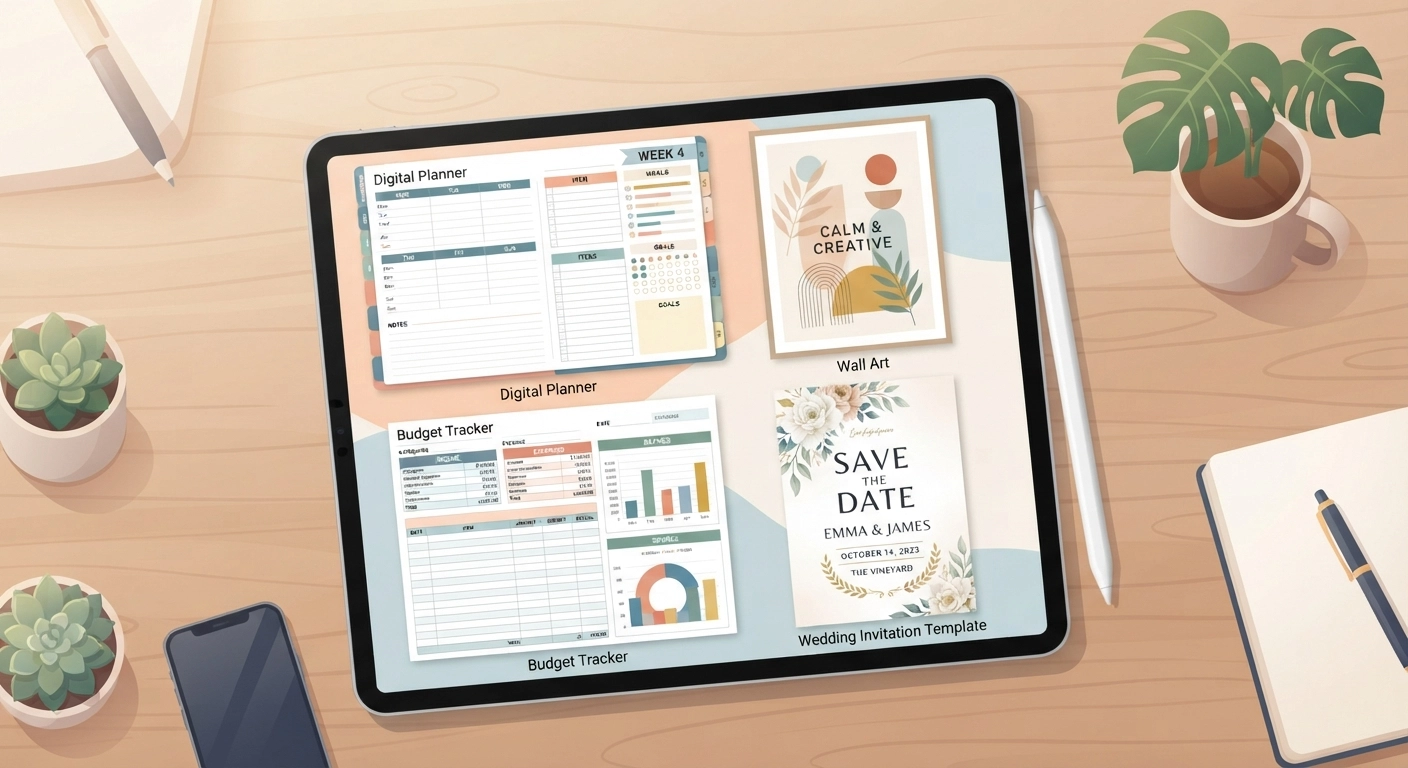 A visually appealing flat-lay collage showing various types of digital products displayed on a modern tablet screen. The screen shows a digital planner, a minimalist wall art piece, a budget tracker, and a wedding invitation template, highlighting the variety of profitable printables.
