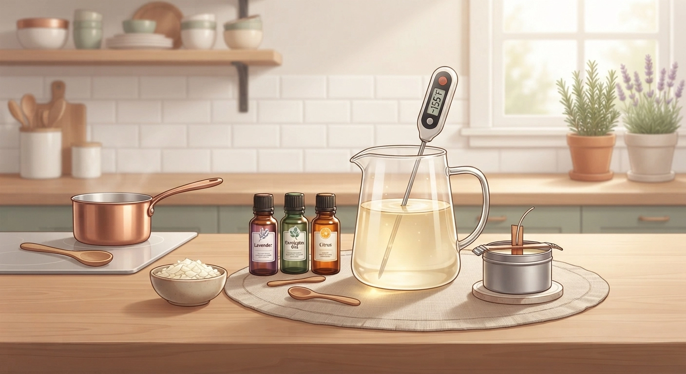 A well-lit, aesthetic kitchen counter showing the process of how to make easy scented candles. A glass pouring pitcher filled with melted soy wax, a digital thermometer, and small bottles of essential oils are neatly arranged. Warm, inviting, cinematic lighting.