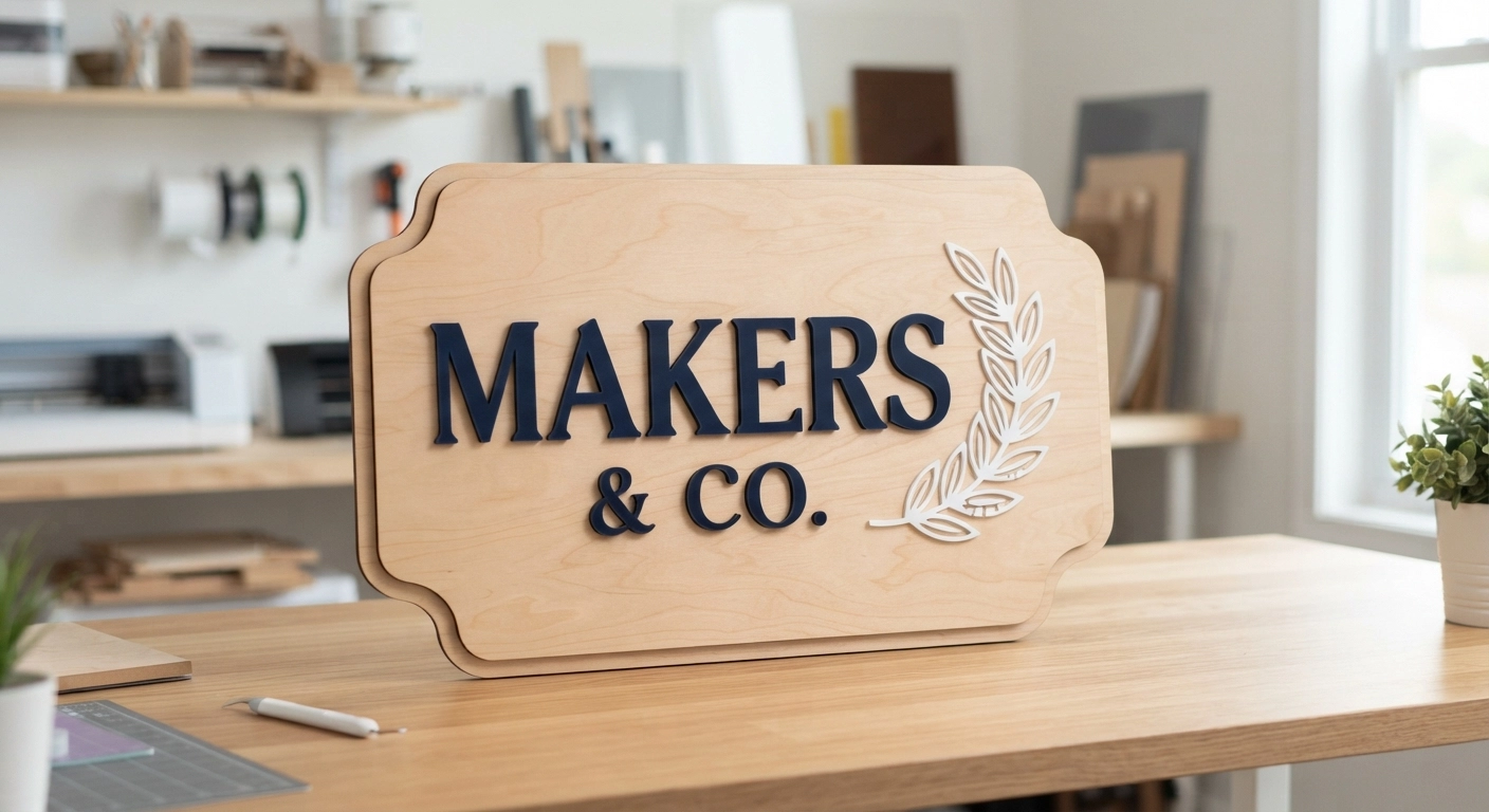 A well-lit, aesthetic photograph of a completed DIY project—a wooden sign with layered acrylic lettering and a custom vinyl decal, showcasing the combined power of both laser and blade cutting technologies in a small business setting.