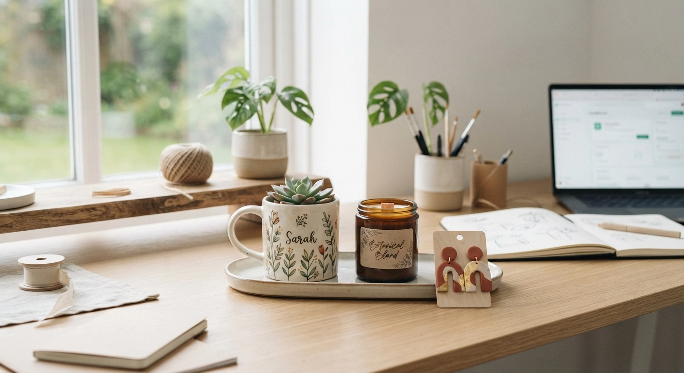 A well-lit, aesthetic workspace showing various diy crafts to make and sell, including a personalized ceramic mug, a poured soy candle, and polymer clay earrings. 8k resolution, photorealistic.