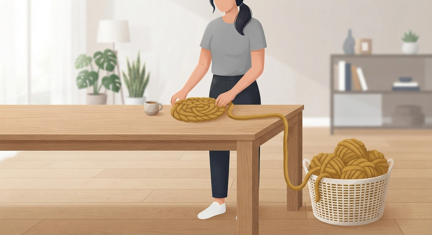 A well-lit, organized workspace for arm knitting. A large, clean wooden dining table is cleared off. Skeins of thick mustard-yellow chunky yarn are unrolled loosely into a clean laundry basket on the floor to prevent tangling. A person wearing a short-sleeve shirt is standing ready at the table.