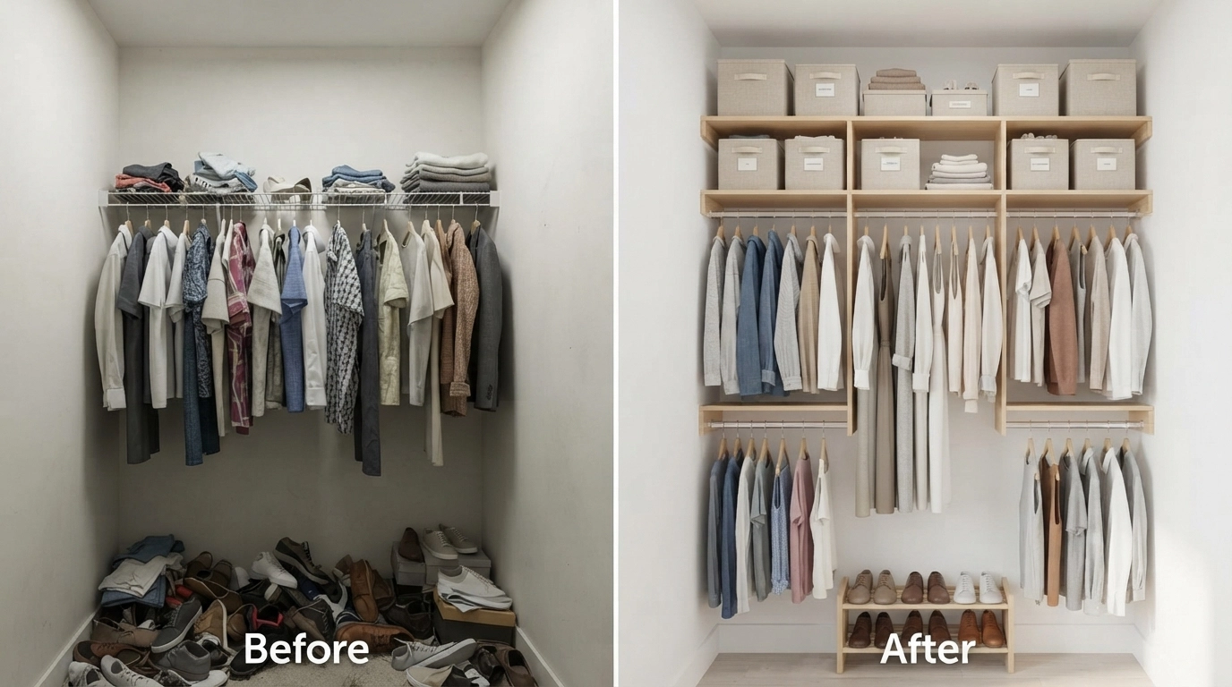 A well-organized small closet transformation featuring DIY closet organizer systems with wooden shelves, hanging rods at multiple levels, fabric storage bins, and a shoe rack. The closet has white walls, good lighting, and labels on bins. Before-and-after split screen style, photorealistic, bright and airy home photography.