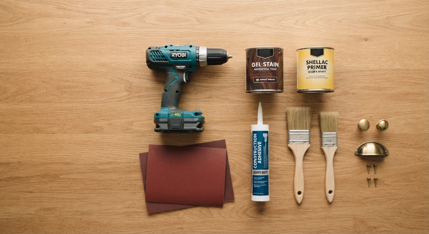 An overhead flat-lay photograph of DIY tools arranged neatly on a wooden workbench: a cordless drill, sandpaper sheets, a can of gel stain, a can of shellac primer, a tube of construction adhesive, two paintbrushes, and brass cabinet hardware. Natural daylight, clean composition with negative space around the tools, shot from directly above with a 35mm lens.
