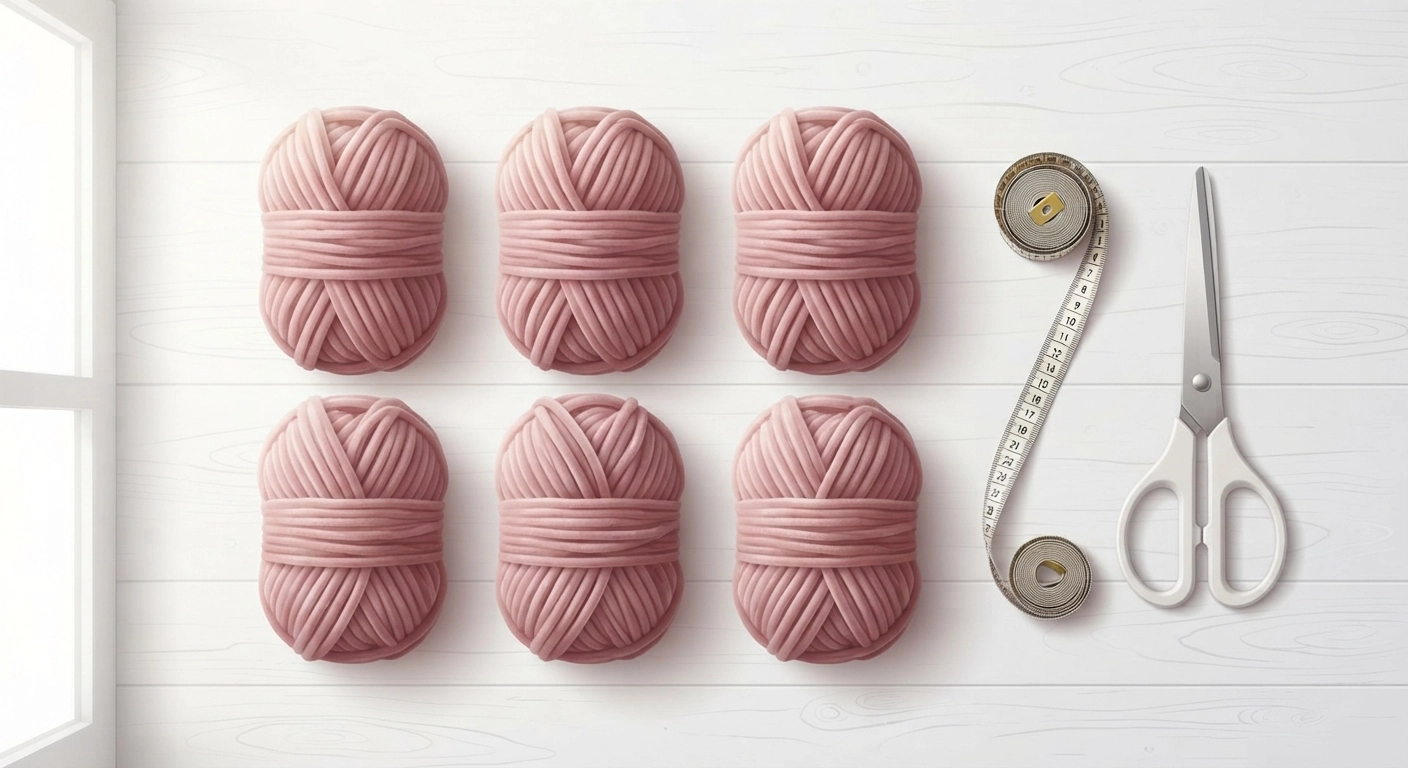 An overhead flat lay shot of 6 skeins of chunky chenille yarn in a soft dusty rose color, arranged neatly next to a tape measure and a pair of scissors on a white wooden floor. The image conveys preparation for a crafting project. Bright, clean lighting.
