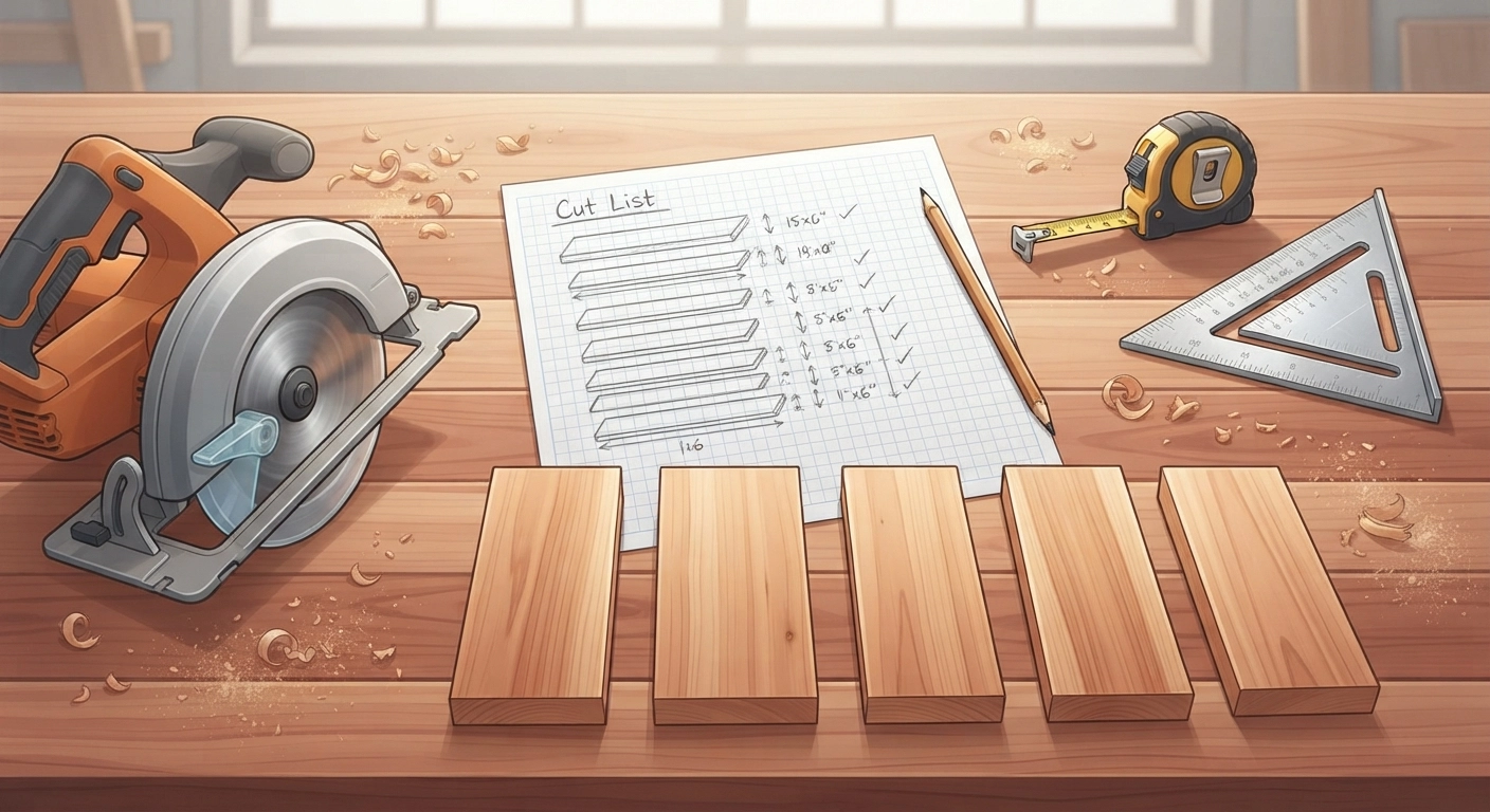 An overhead shot of a detailed woodworking cut list written on graph paper with a pencil, placed on a cedar board. Surrounding the paper are a tape measure, a speed square, a circular saw with the blade guard visible, and several freshly cut 1x6 slats lined up perfectly parallel. The cedar boards show beautiful straight grain. Wood shavings and sawdust are lightly scattered on the workbench. The composition feels instructional and organized, shot in natural light from a workshop window.