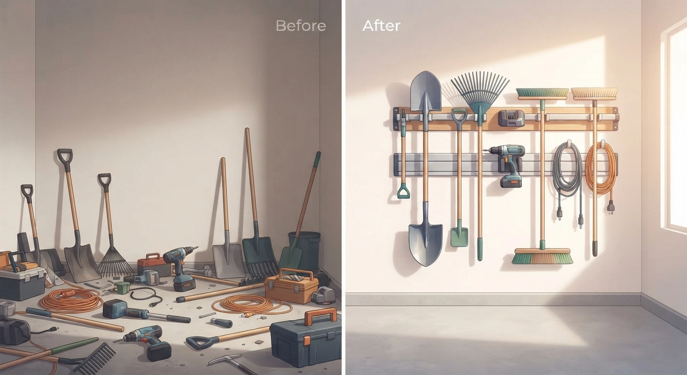 Before-and-after split photo showing a cluttered garage floor with tools scattered versus the same garage with a clean wall-mounted DIY garage tool storage rack holding rakes, shovels, a cordless drill, and extension cords, bathed in warm natural light.