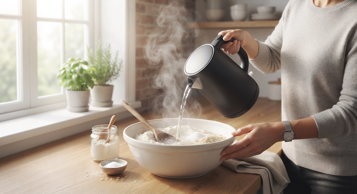 Close-up action shot of a person pouring steaming hot water from a modern electric kettle into a large ceramic mixing bowl filled with dry white ingredients (flour, salt). A wooden spoon rests inside the bowl. The steam is visible in the natural sunlight coming from a kitchen window.