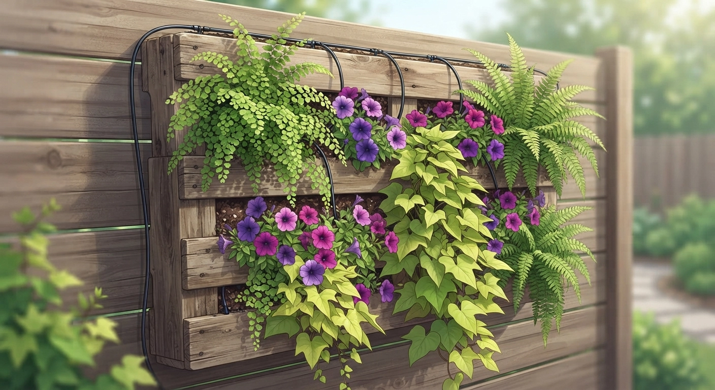 Close-up of a DIY vertical garden made from a reclaimed wooden pallet attached to a fence, overflowing with cascading ferns, purple petunias, and trailing sweet potato vine, with visible drip irrigation tubing for an authentic handmade look