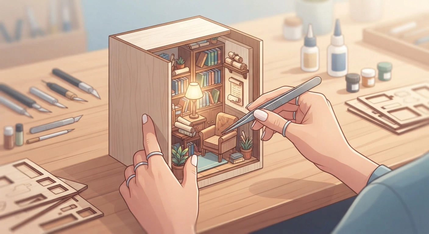 Close up of a crafter's hands making a miniature book nook diorama with tiny wooden details. A perfect example of high-margin diy crafts to make and sell. Warm lighting, highly detailed.