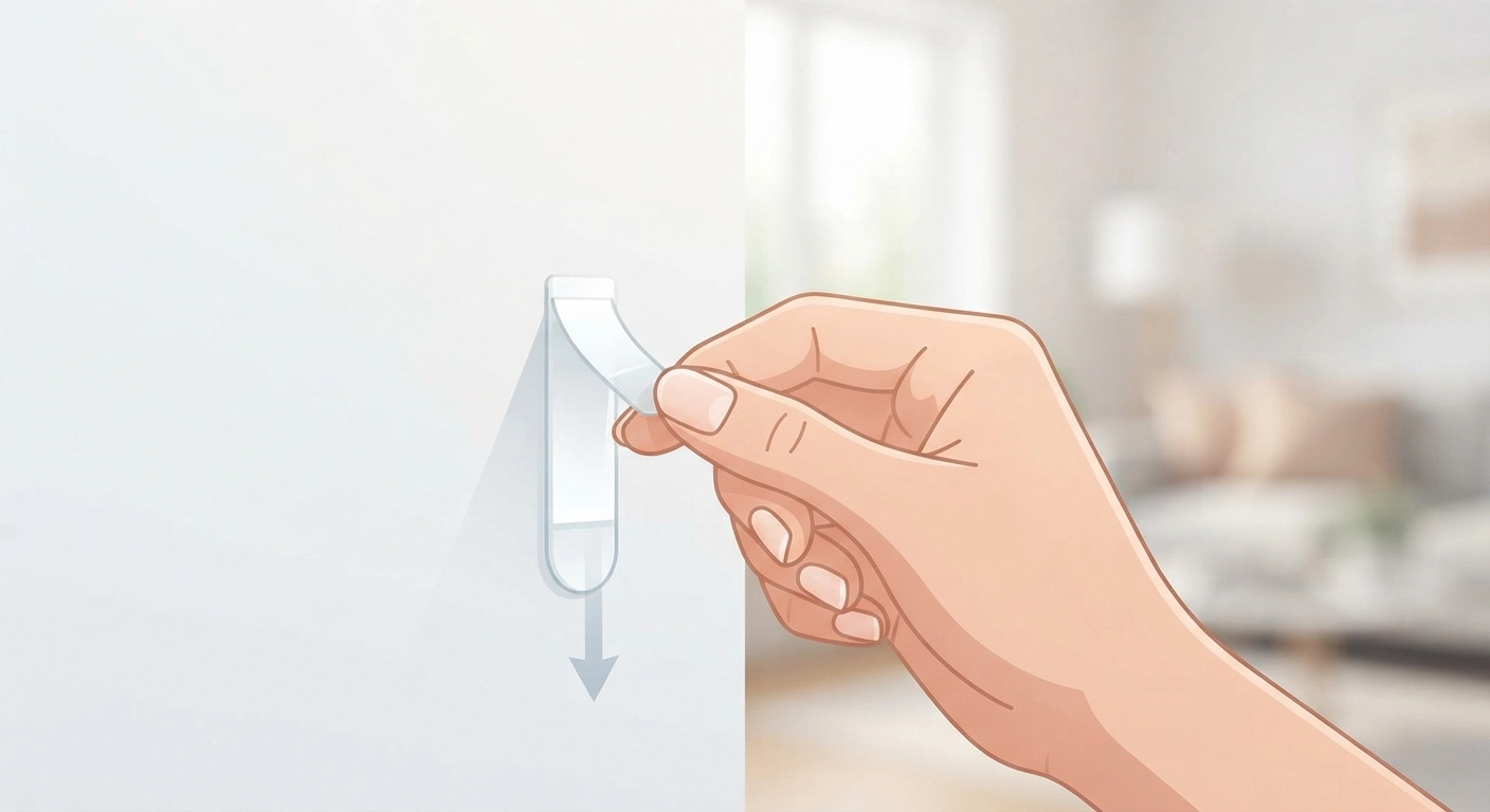Close-up of a hand carefully removing a Command adhesive strip by pulling the tab straight down along a pristine white wall, demonstrating the correct damage-free removal technique for renter friendly decor hacks