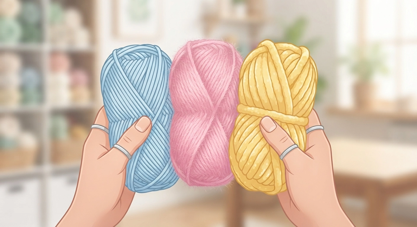 Close up of a person's hands holding three different types of yarn: a smooth 100% cotton yarn in light blue, a fuzzy acrylic yarn in pink, and a thick, velvety chenille yarn in yellow. The background is a soft, out-of-focus craft room. The image should clearly show the texture differences between the yarn types for an educational guide on crochet amigurumi for beginners.