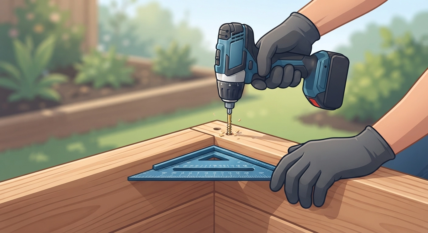 Close up of a person's hands using a power drill to drive a long exterior screw into the corner of a wooden garden bed frame. A speed square is resting on the wood to ensure a 90-degree angle.