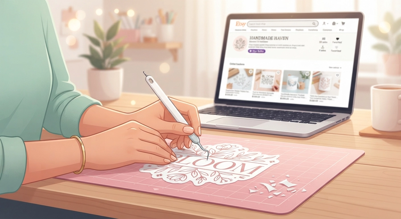 Close-up of a person's hands weeding a vinyl design on a cutting mat, with a laptop showing an Etsy shop in the background, conveying a successful home business.