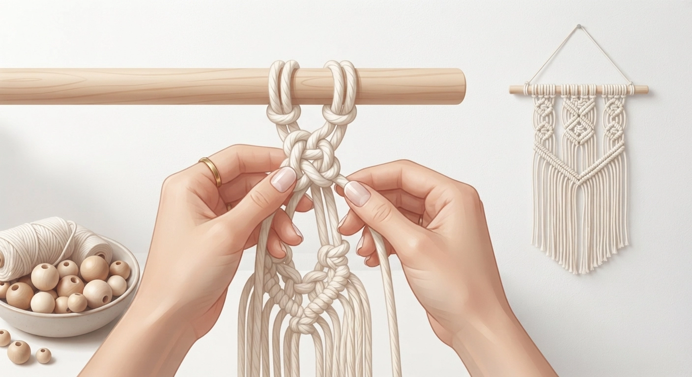 Close-up of hands tying a macramé knot with natural cotton cord, with wooden beads nearby and a completed minimalist hanging on a white wall.